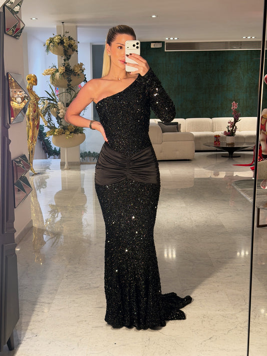 Vestido largo negro de una manga de lentejuelas 1M cb