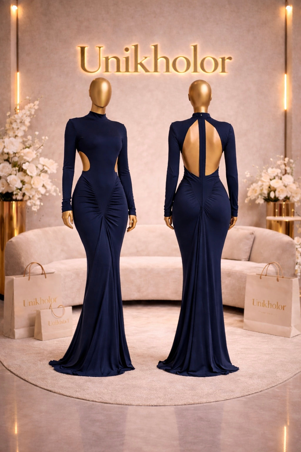 Vestido azul marino stretch con transparencias cb