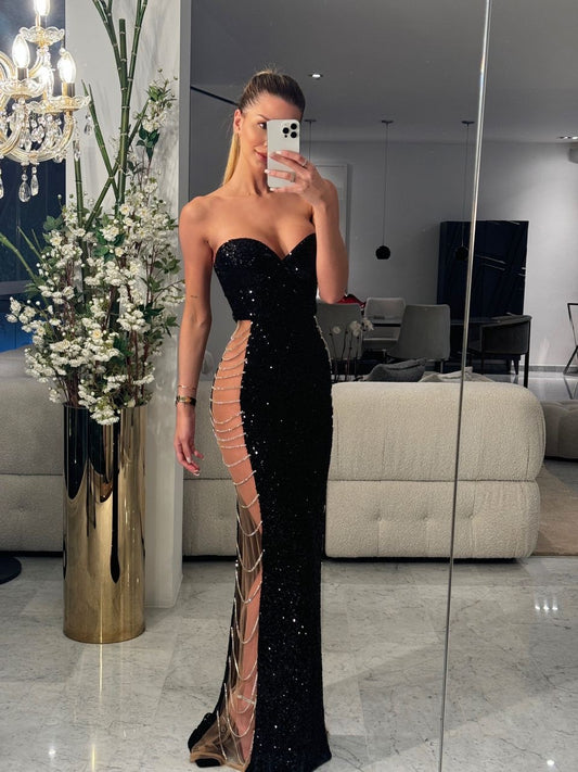 Maxi Vestido negro lentejuelas y transparencia cb