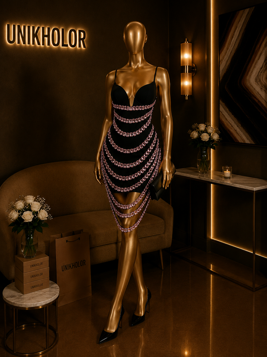 Vestido negro con brillantes rosados cb
