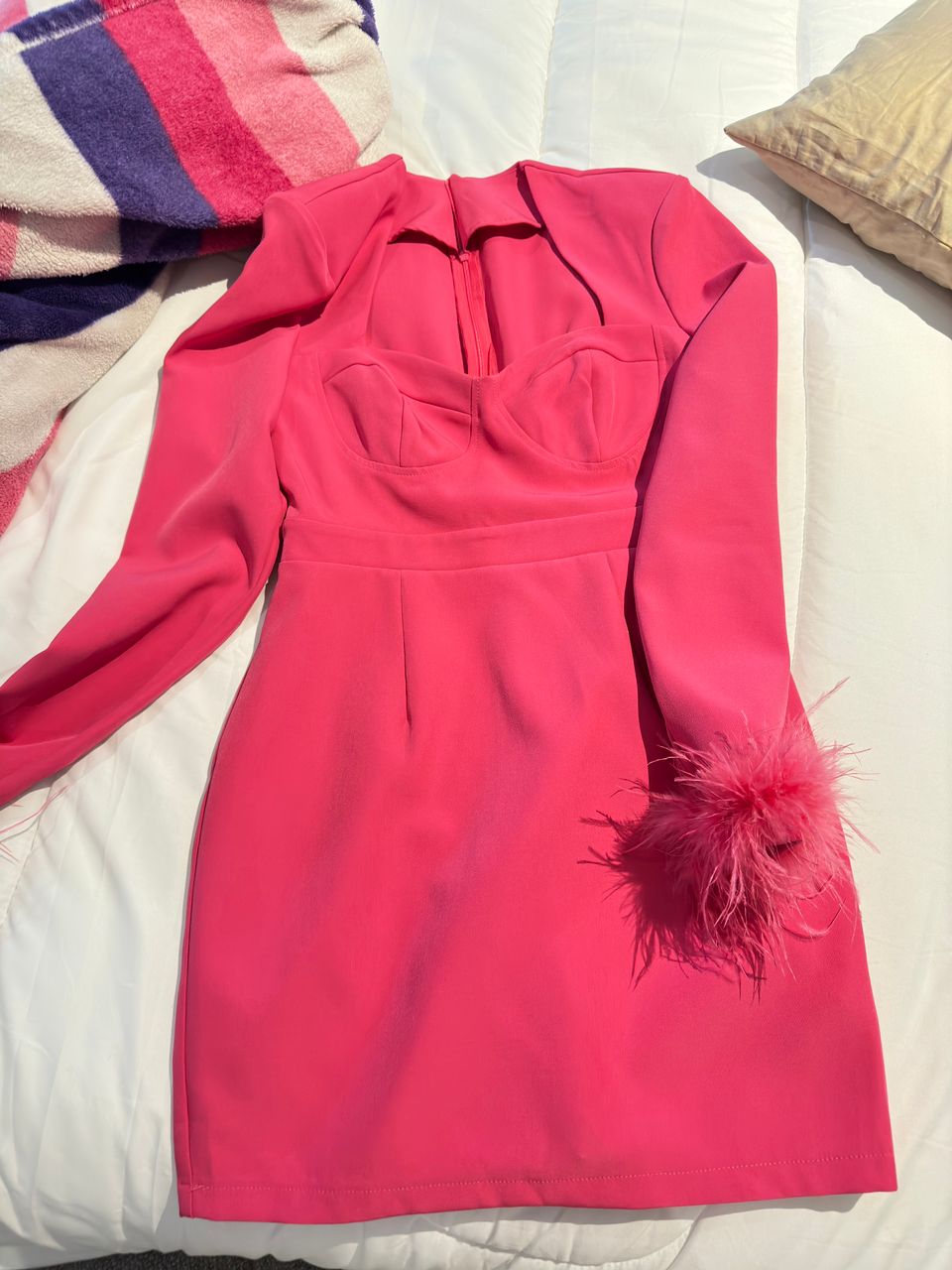 Vestido fucsia con plumas