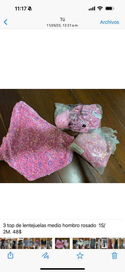 Top de lentejuelas medio hombro rosado