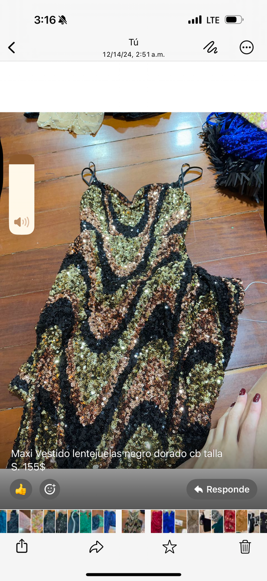 Maxi Vestido lentejuelas negro dorado cb talla S. 155$