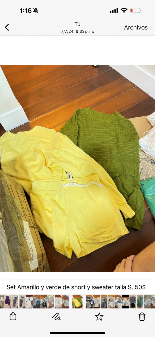 Set Amarillo verde y rosado de short y sweater talla S