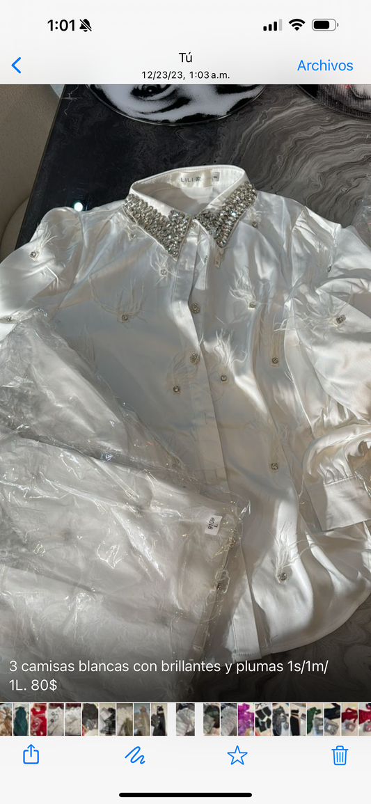 Camisa de seda blanca con brillantes y plumas