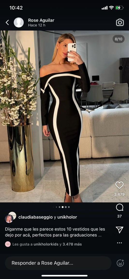 Vestido negro largo bandage negro con blanco Talla S. 160$